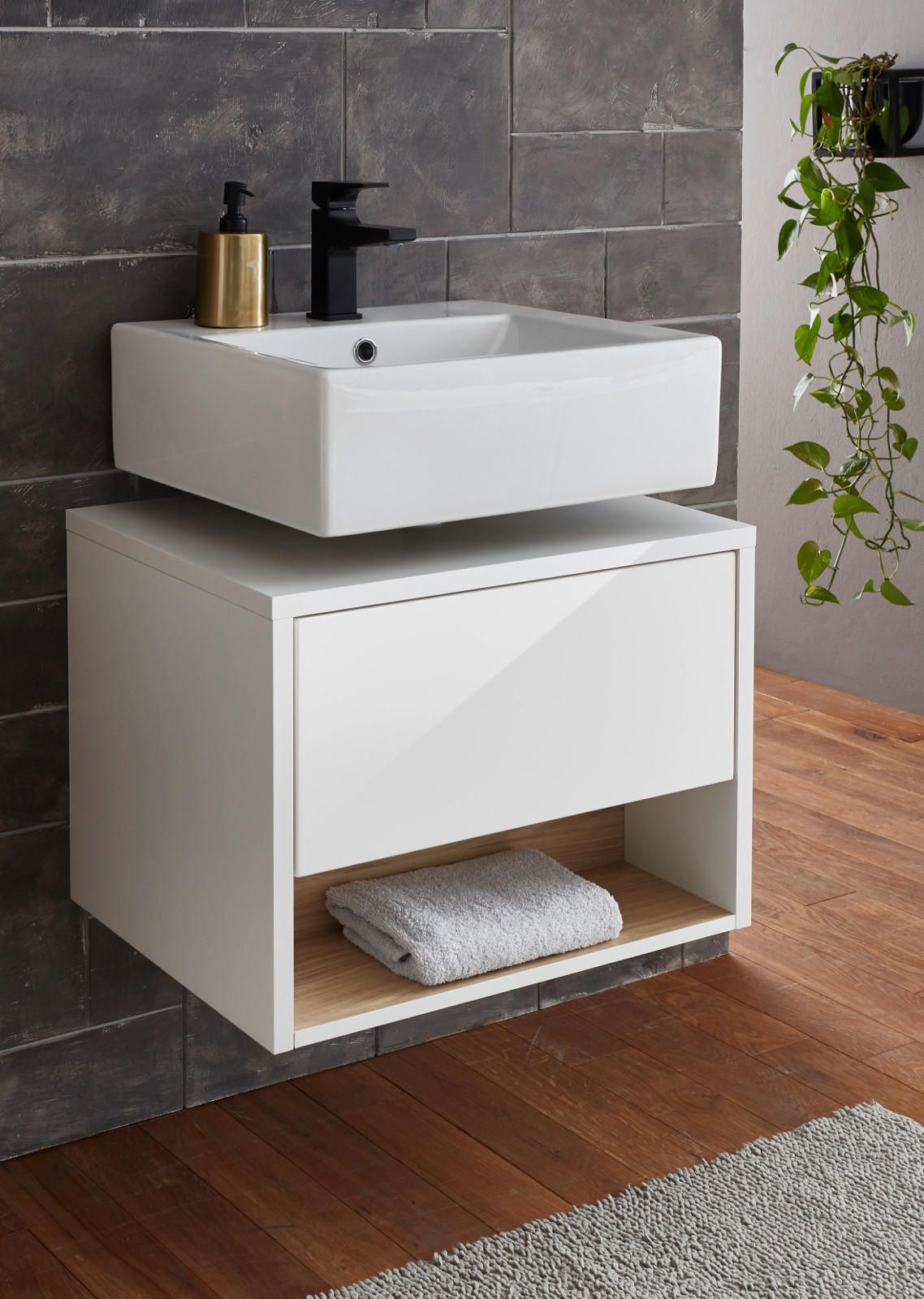 Thumbnail - Furn.Design Waschbeckenunterschrank, Weiß Hochglanz, Holzwerkstoff, Uni, 60x44x46 cm, FSC 100%, Badezimmer, Badezimmersc...