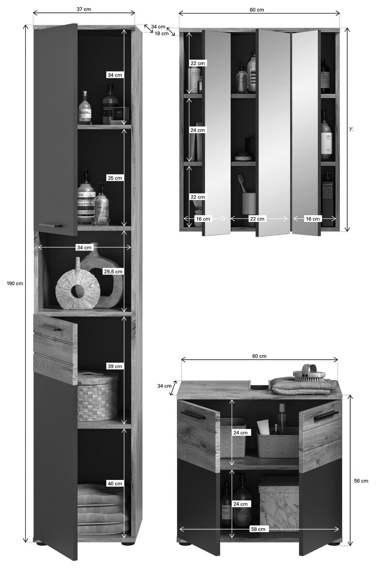BADMÖBEL-SET Eiche, grau 3-teilig 112 cm mit Soft-Close, Badezimmermöbel - Eichefarben/Grau, Glas/Holzwerkstoff (112/190/34cm) - Inn.Furn