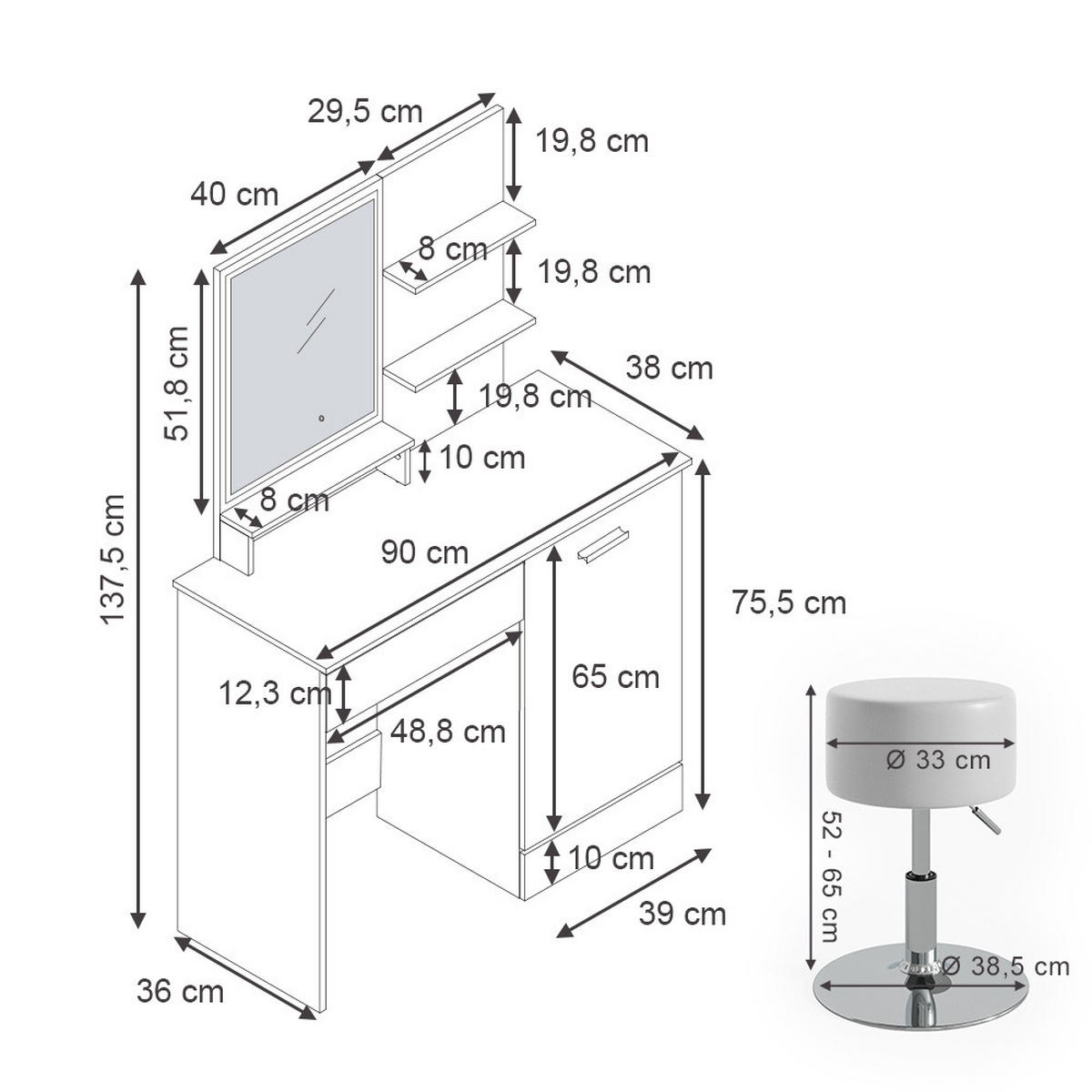 SCHMINKTISCH Julia Weiß 90 cm mit LED-Spiegel und Hocker - Weiß, Holzwerkstoff (90/137.5/38cm) - Vicco