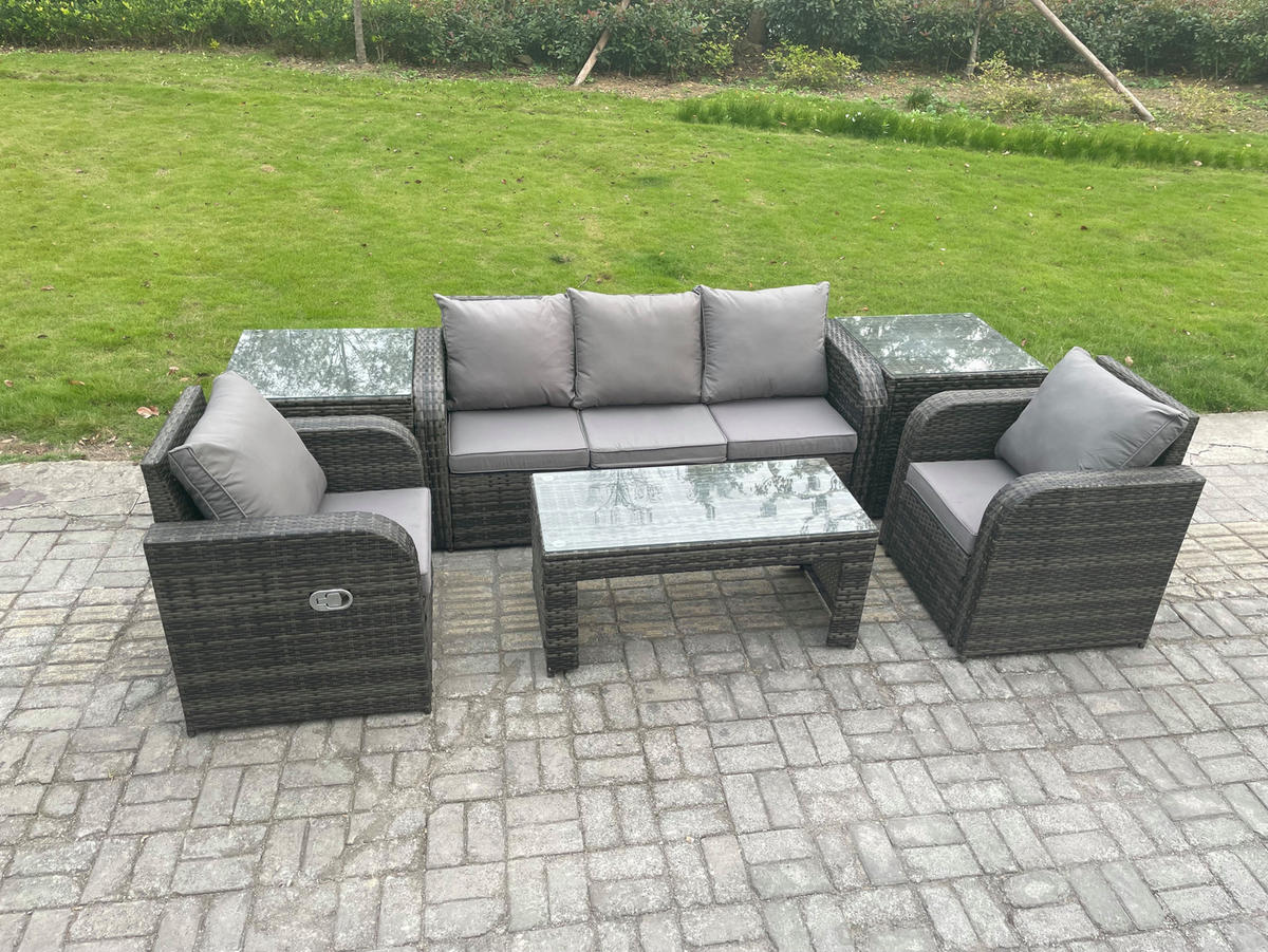 GARTENSOFA SET mit LIEGESTUHL Polyrattan 5-Sitzer Dunkelgrau - Dunkelgrau/Grau, Glas/Kunststoff - Fimous