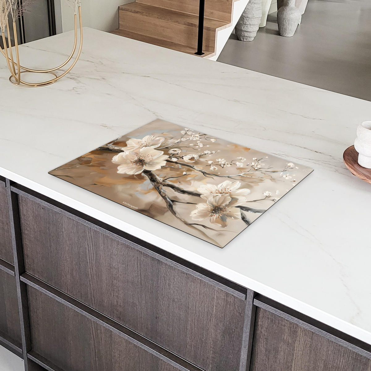 HERDABDECKPLATTE Blumen - Abstrakt - Gemalt - Beige 70x52 cm - Beige, Kunststoff (70/52/0.2cm) - MuchoWow