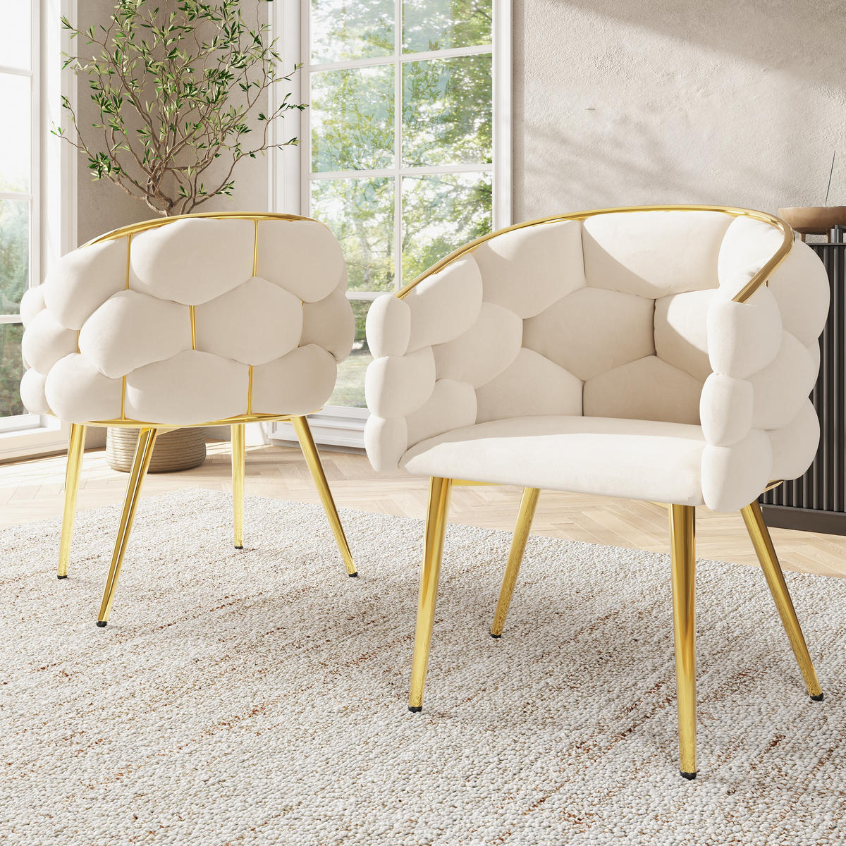 ESSZIMMERSTUHL 2-Tlg Samt Beige, Ergonomisch, Gold Beine - Beige, Textil (44/74/41cm) - FLIEKS