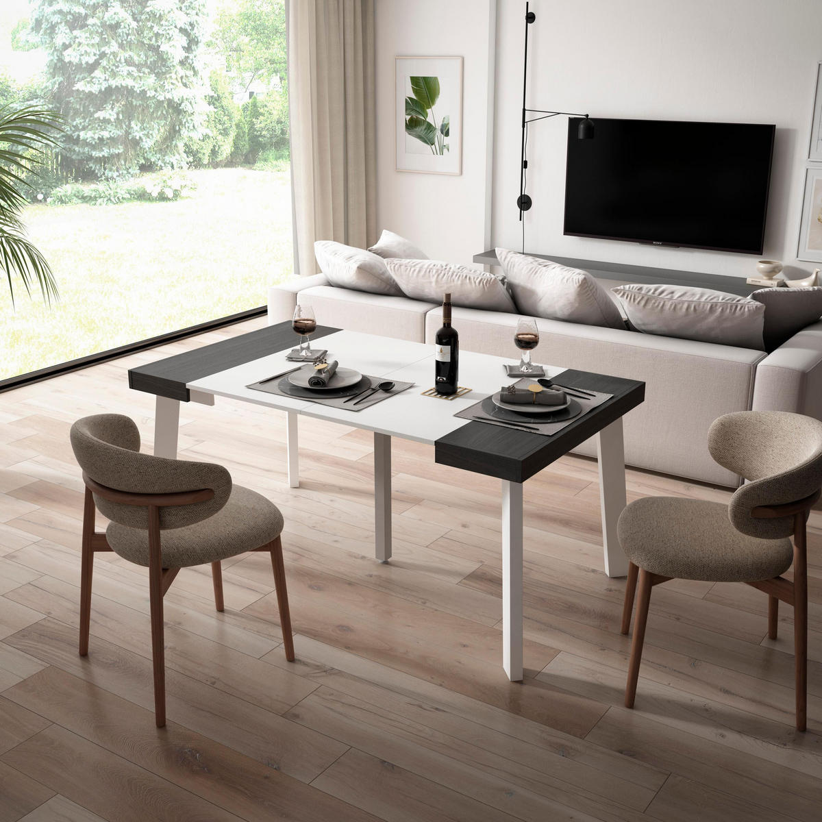 KONSOLENTISCH ausziehbar 58 bis 160cm, für 8 Gäste, weiß schwarz, 90/58/73cm - Schwarz/Weiß, Holzwerkstoff (90/160/73cm) - Skraut Home