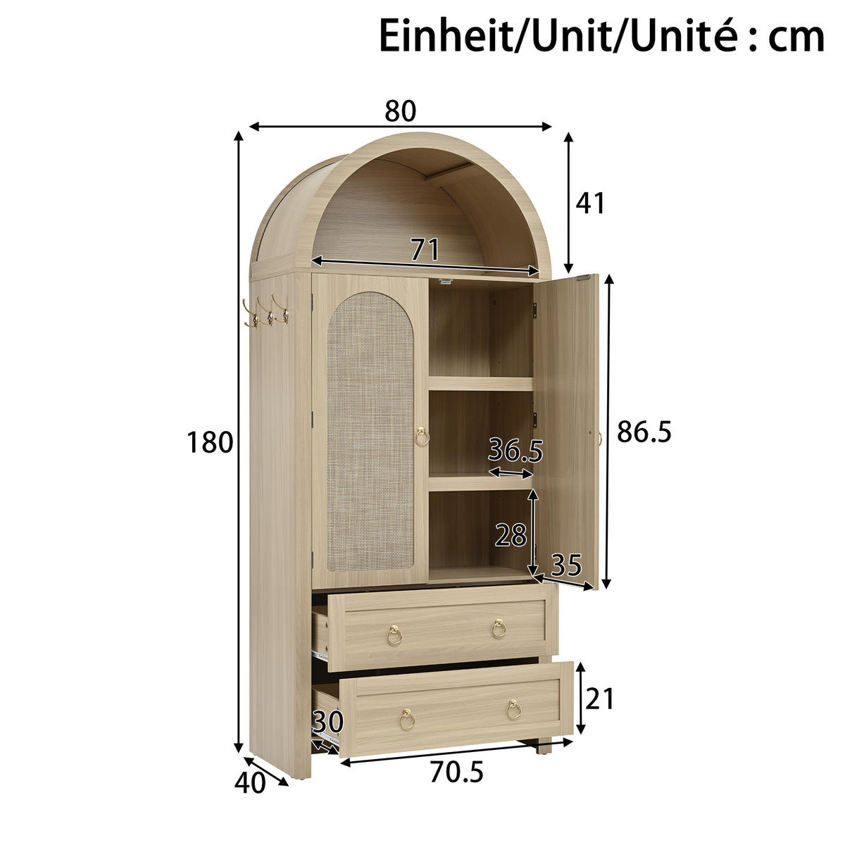 SIDEBOARD Rattan Bogen 2 Schubladen - Eichefarben, Holz (80/180/40cm) - Fortuna Lai