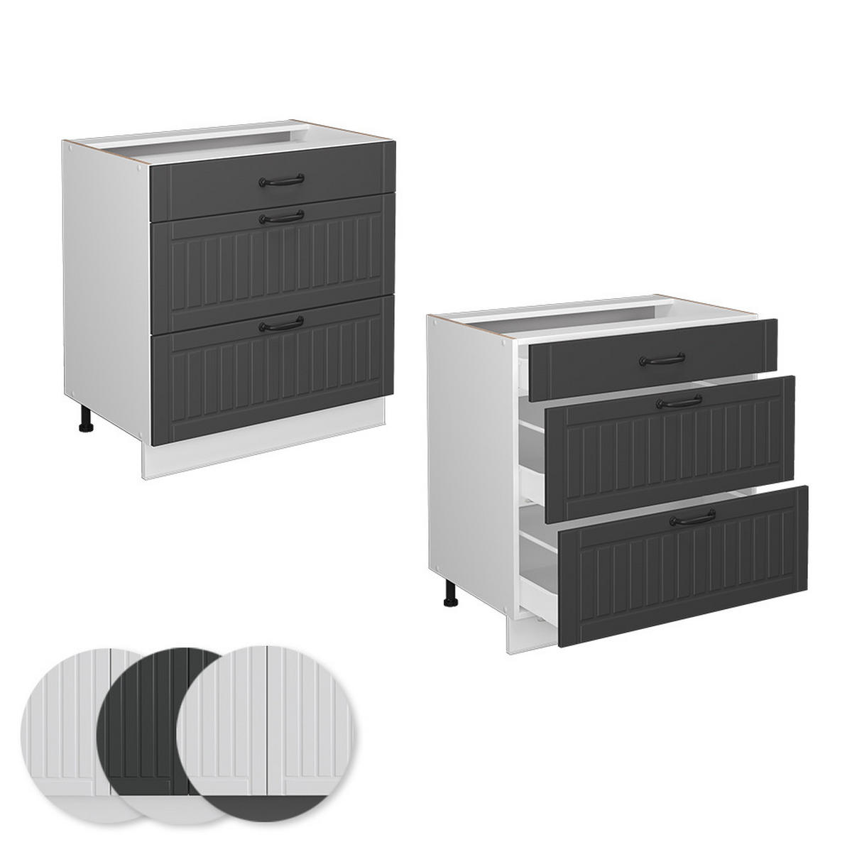 KÜCHENUNTERSCHRANK Fame-Line Anthrazit Landhaus 80 cm mit 3 Schubladen ohne AP - Anthrazit/Weiß, Holzwerkstoff (80/82/51.6cm) - Vicco
