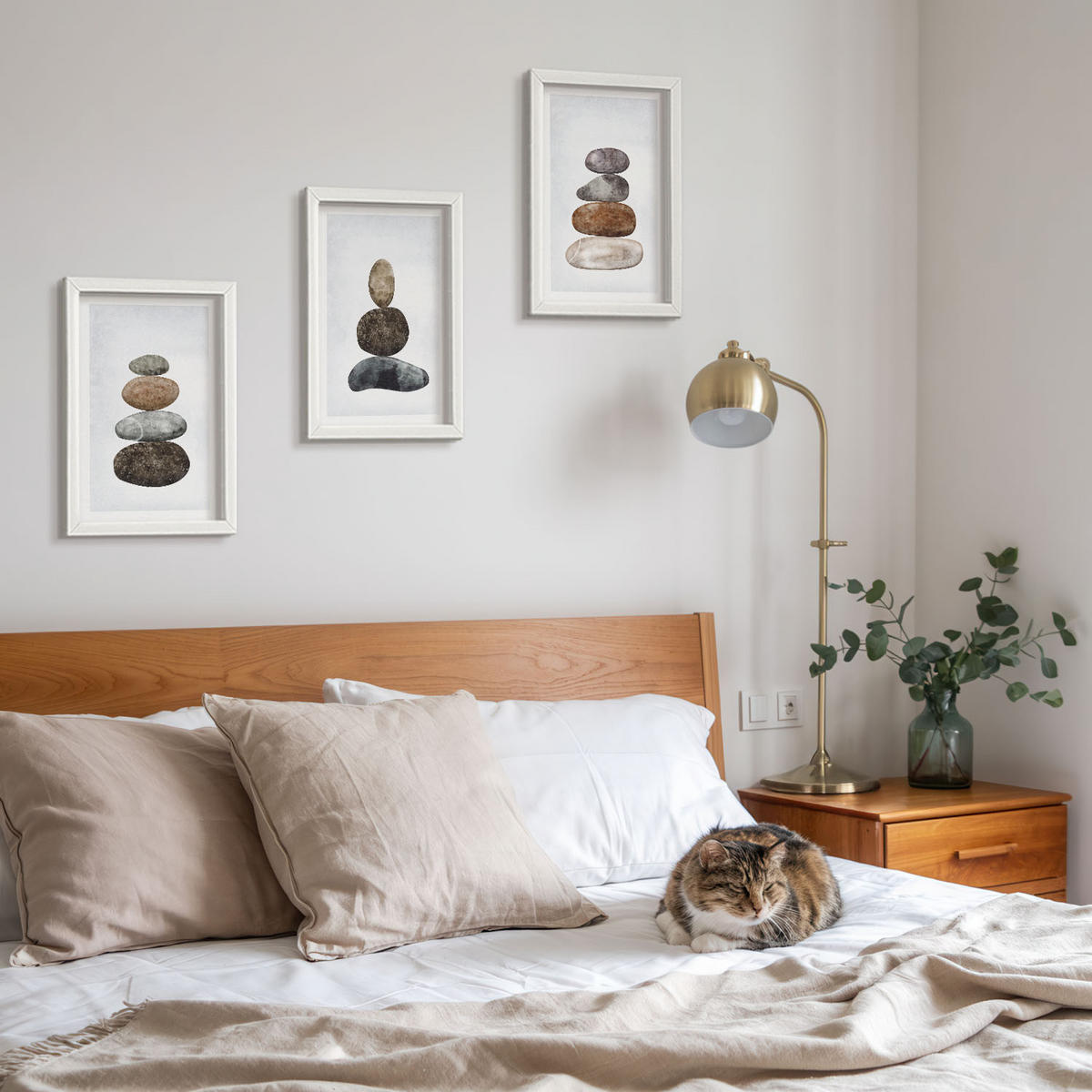 WANDBILDER 3er-Set - 20x30 cm Weißer Rahmen - Minimalistische Boho-Steine - Weiß, Kunststoff (20/30cm) - ArtPrintCave