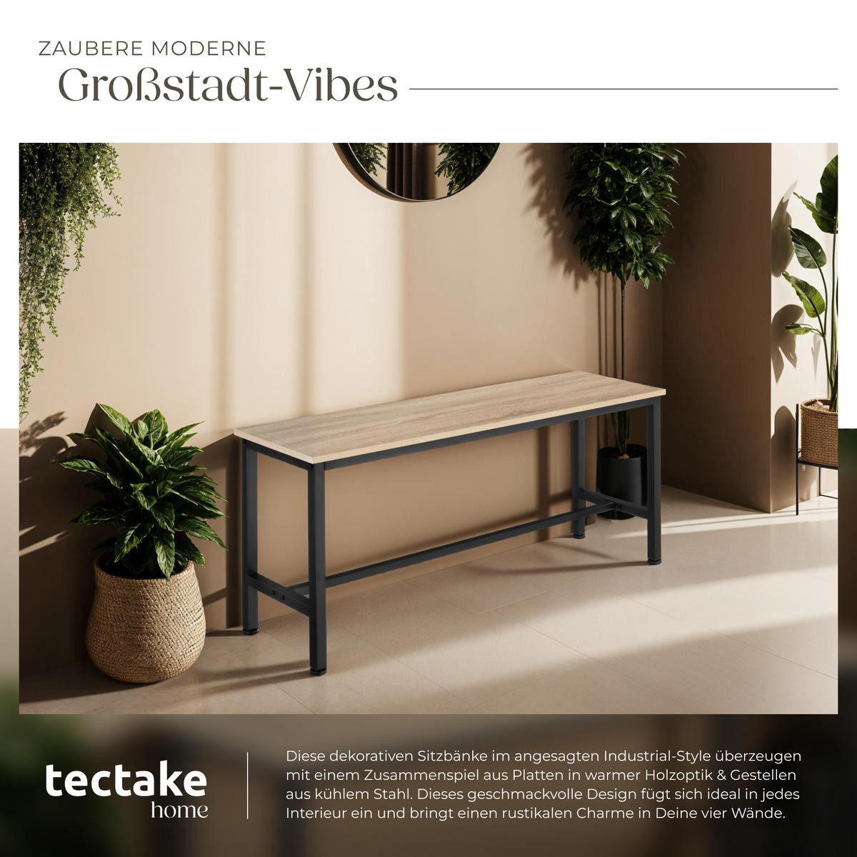 SITZBANK 2er Set Fairfield,108 x 32,5 x 50 cm,Industrial Holz hell, Eiche Sonoma - Naturfarben, Holzwerkstoff (32.5/50/108cm) - tectake