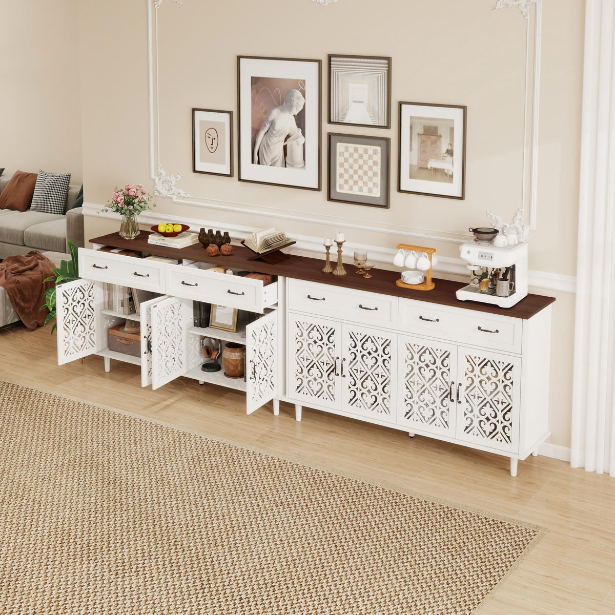 SIDEBOARD in Weiß Kommode mit 4 Türen, 2 Schubladen, geschnitzten Fronten und verstellbaren Einlegeböden, B150/T40/H90cm - Weiß, Holzwerkstoff/Metall (150/90.3/40cm) - STILVORA