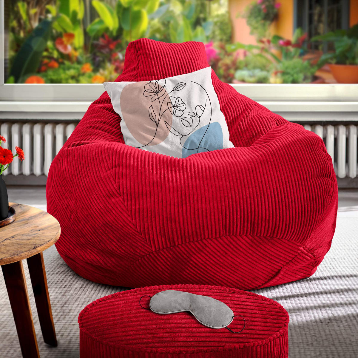 LOUNGE-SITZSACK Cozy + Fußhocker - Rot, Textil (80/90/90cm) - Green Bean
