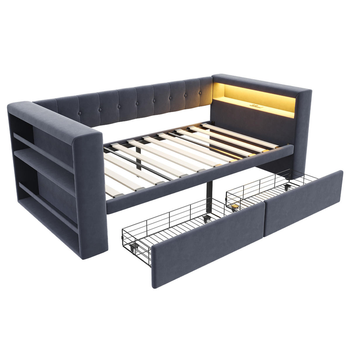 POLSTERBETT 90/190 cm mit LED-Beleuchtung, Steckdose, Stauraum und 2 Schubladen, Dunkelgrau - Dunkelgrau, Textil (90/190cm) - Redom