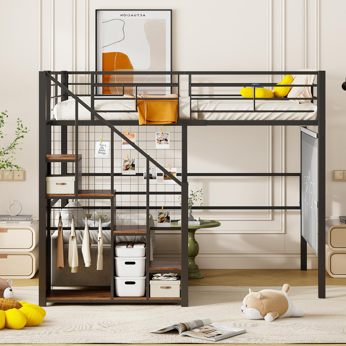 HOCHBETT 140/200 cm schwarz mit integrierter Staufunktion und Sicherheitsleiter - Schwarz, Metall (140/200cm) - OKWISH