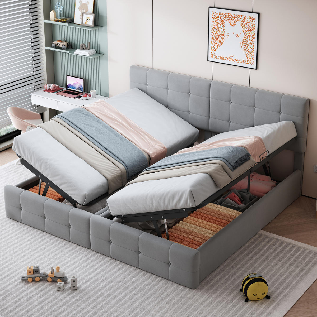 POLSTERBETT 180/200 cm Grau aus Samt mit hydraulischem Stauraum - Grau, Textil (180/200cm) - OKMYHOME