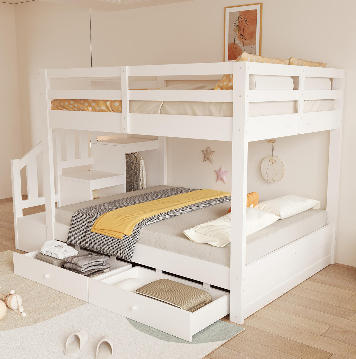 ETAGENBETT 140x200 cm Weiß mit Stauraumtreppe, Kleiderhaken und 2 Schubladen - Weiß, Holz (140/200cm) - Modfu