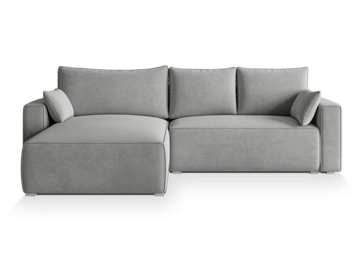 ECKSOFA FORIL Hellgrau Velours-Stoff mit Schlaffunktion - Hellgrau, Holz (265/178cm) - MASSENO
