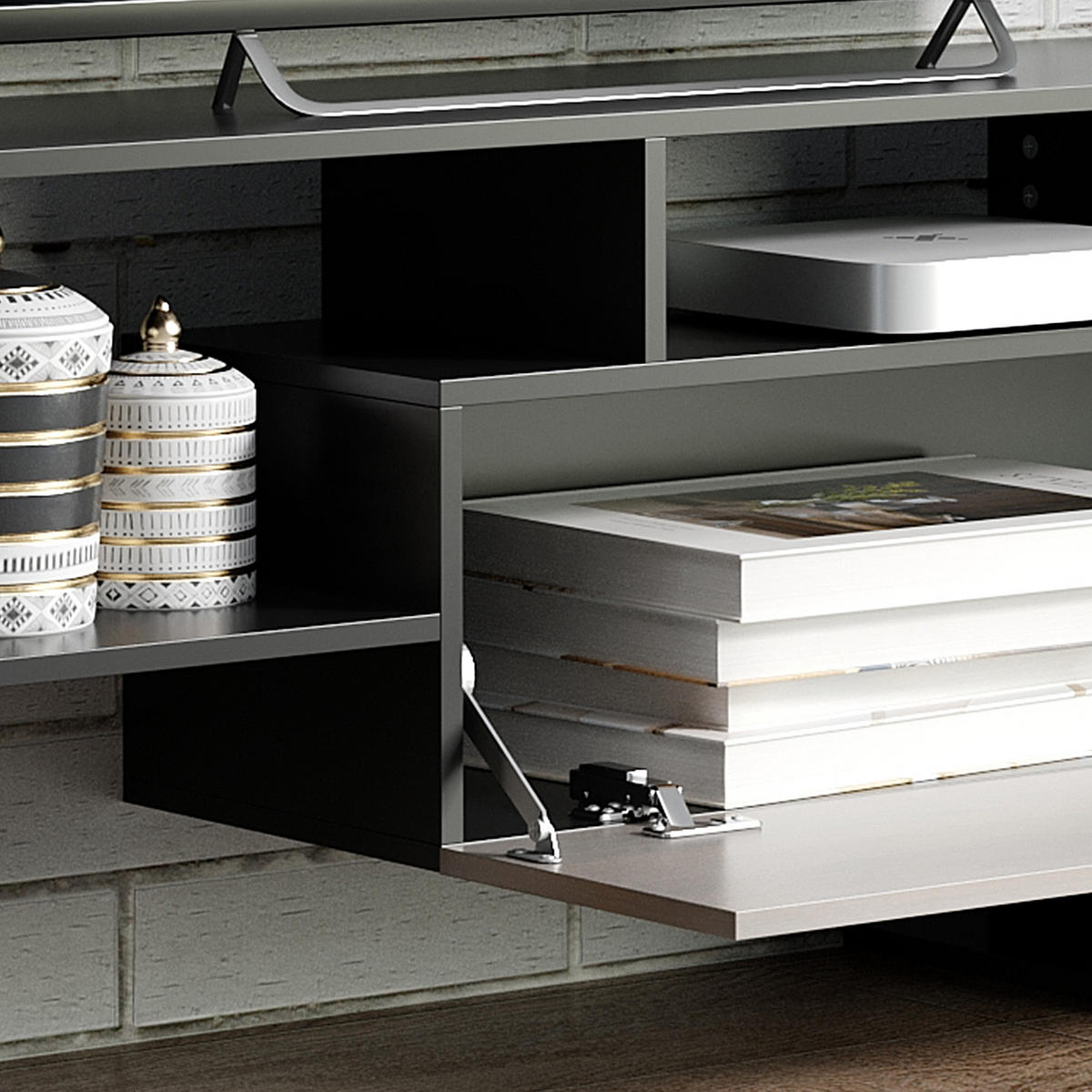 TV-SCHRANK SET Schwarz/Braun 153,6/25/42 cm, 2-teilig, mit Wandboard - Schwarz, Holzwerkstoff (153.6/42/25cm) - PANGIVO