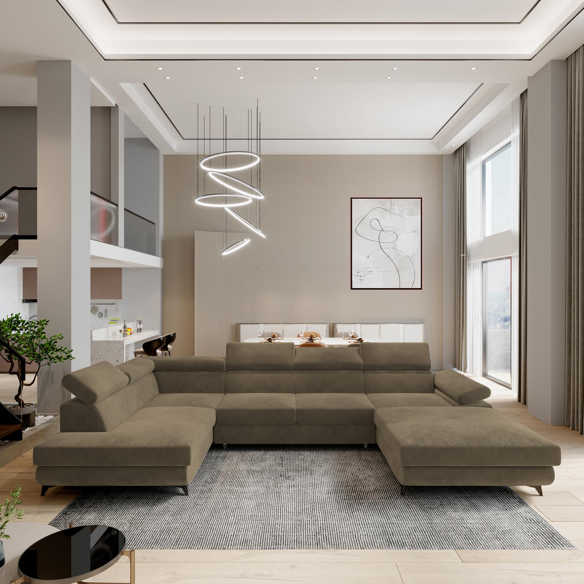 ROHOVÁ SEDAČKA RUBANO béžová - černá/béžová, kov/dřevo (339/190cm) - MASSENO