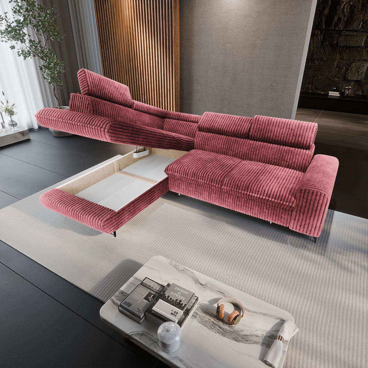 ECKSOFA VELISS Rosa Kordstoff mit Schlaffunktion - Rosa, Holz (255/193cm) - MASSENO