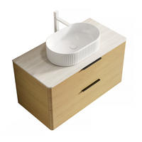 WASCHTISCHKOMBI 90x46x62.2cm Beige/Eiche/Weiß mit ovalem Keramikbecken & Travertin-Arbeitsplatte - Eichefarben, Keramik (90/62.2/46cm) - Modfu