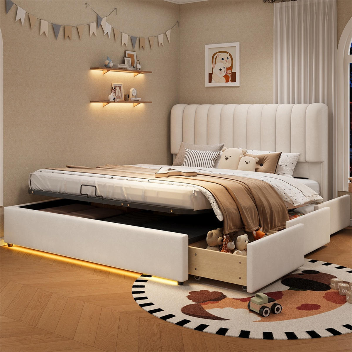 POLSTERBETT 140x200 cm mit hydraulischem Stauraum - 3 Schubladen & LED-Beleuchtung - Beige - ohne Matratze - Beige, Textil (140/200cm) - DELFA