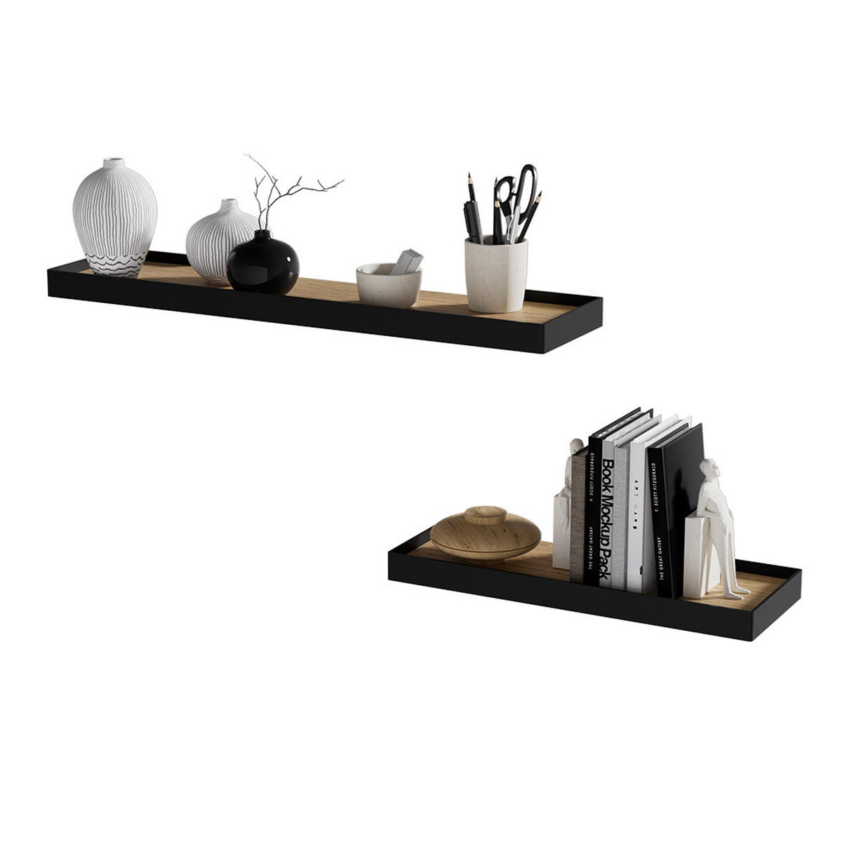 WANDREGAL Erni Schwarz/Eiche 60 x 3 cm 2er-Set - Eichefarben/Schwarz, Holzwerkstoff (60/3/15cm) - Vicco