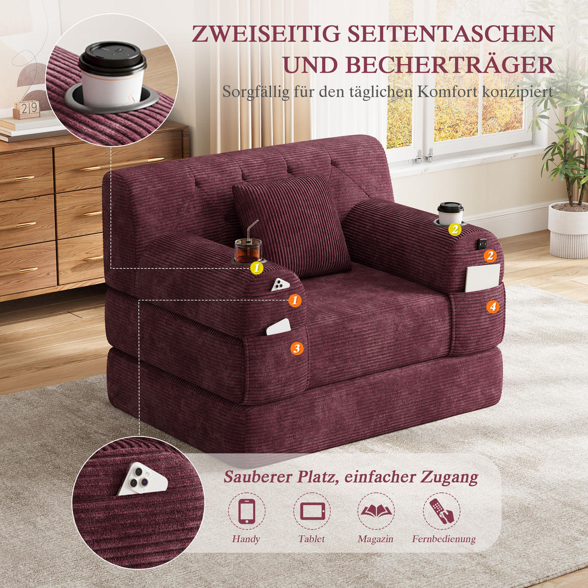 SCHLAFSESSEL Cord komprimiert, DE-42543, Weinrot - Weinrot, Metall (107/81/80cm) - ComfortXL