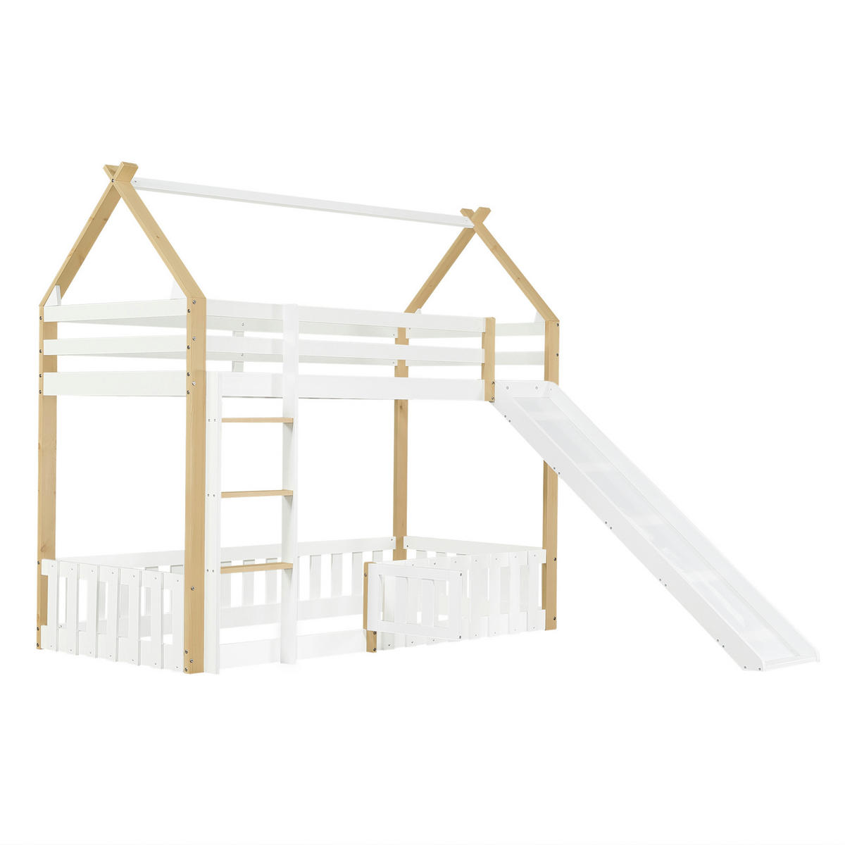 HAUSBETT 90/200 cm Weiß Natur mit Rutsche und Leiter ohne Matratze - Weiß, Holz (90/200cm) - MIVRAY