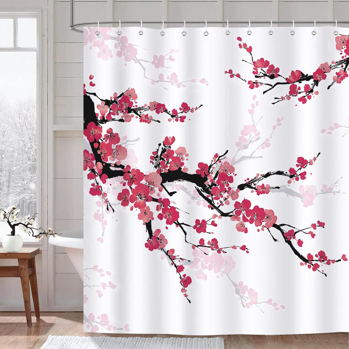 DUSCHVORHANG Rot Kirschblüte Blume Polyester schimmelresistent wasserdicht waschbar mit Haken - Multicolor, Textil (180/180cm) - MCBOSON
