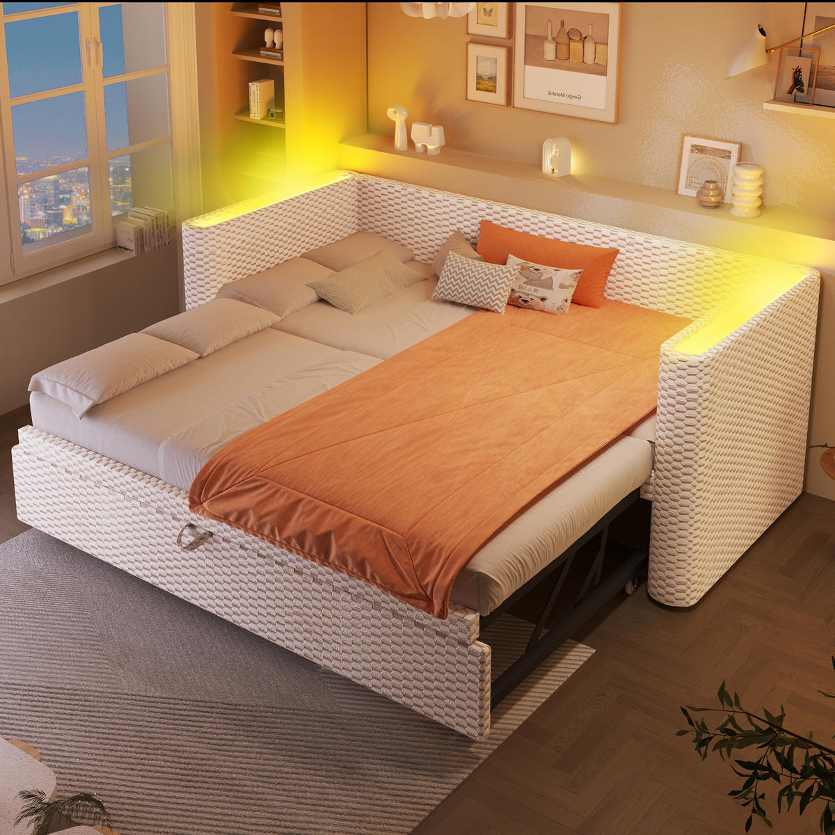 AUSZIEHBETT 90/200 cm Beige mit LED-Beleuchtung aus Samt klappbar zum Doppelbett 180/200 cm - Beige, Textil (90/200cm) - OKWISH