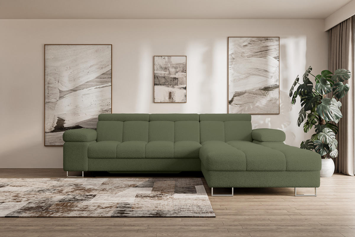 ECKSOFA mit Schlaffunktion Ottomane Rechts COMA L 271x203x79 Grün Bouclé - Smaragdgrün, Holzwerkstoff/Textil (203/271cm) - ALTDECOR