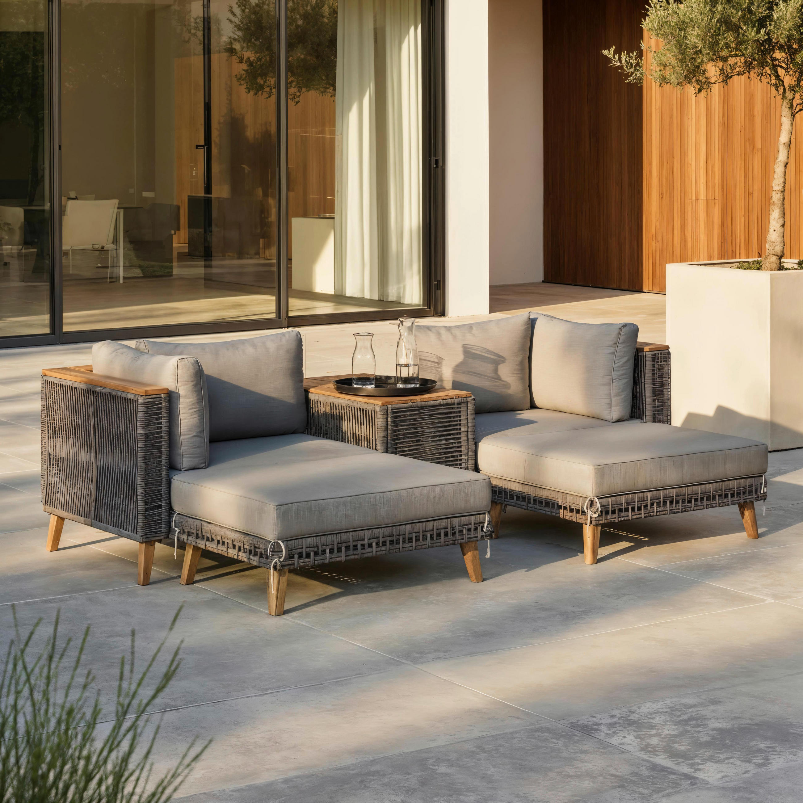 LOUNGEGARNITUR Marilou Grau Outdoorgewebe/Kunststoff/Holz - Grau, Holz