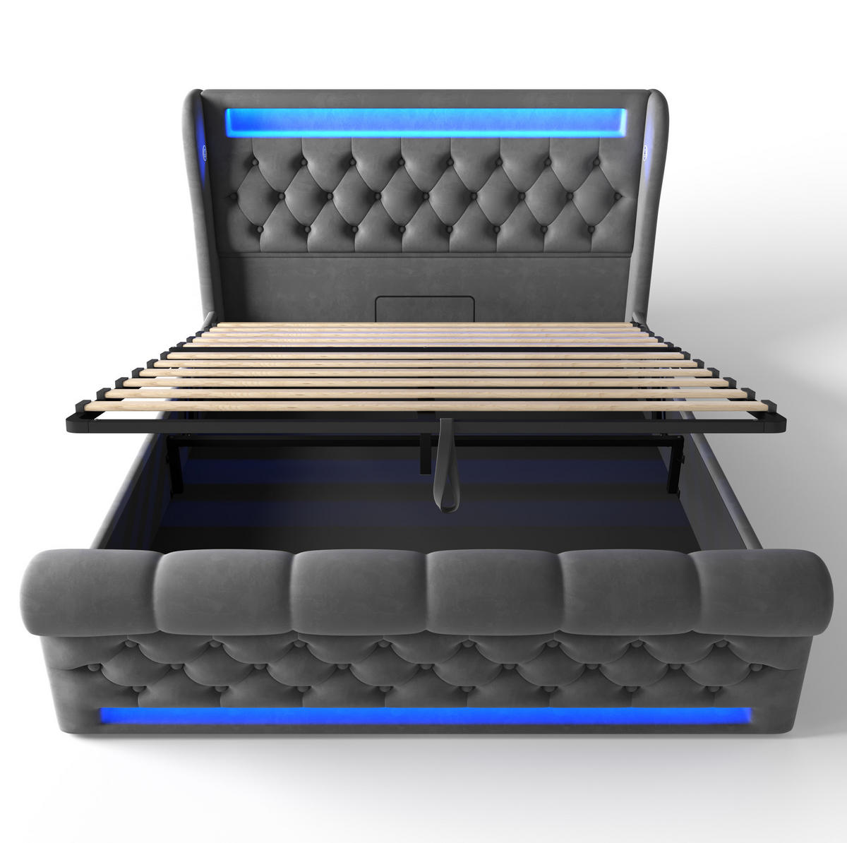 ČALOUNĚNÁ postel 140/190 cm šedá ze sametu s LED osvětlením, USB a úložným prostorem - šedá, textil (140/190cm) - OKWISH