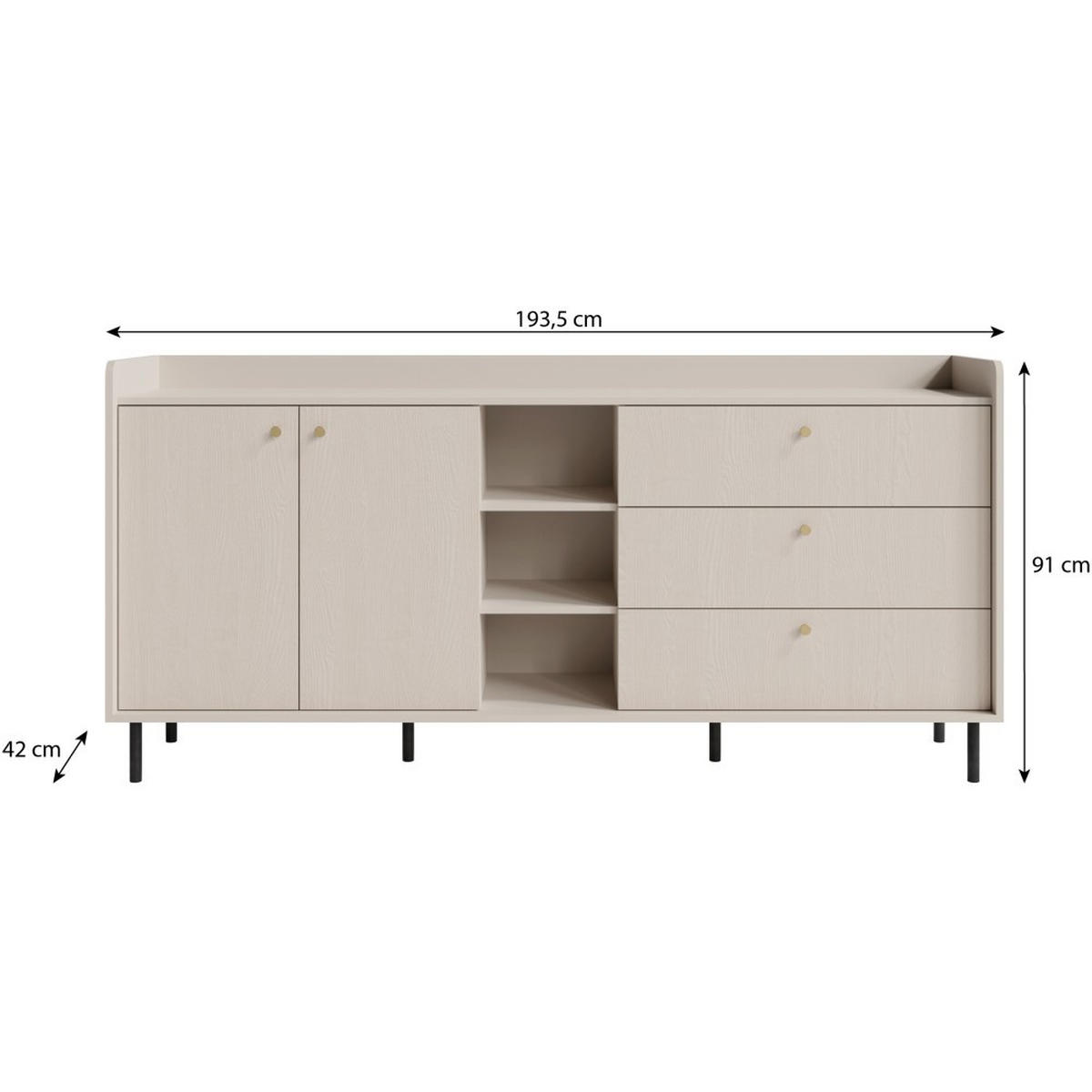 KOMMODE Gloria mit 3 Schubalden und 2 Türen - Beige/Schwarz, Holzwerkstoff/Metall (193/91/42cm) - Beautysofa