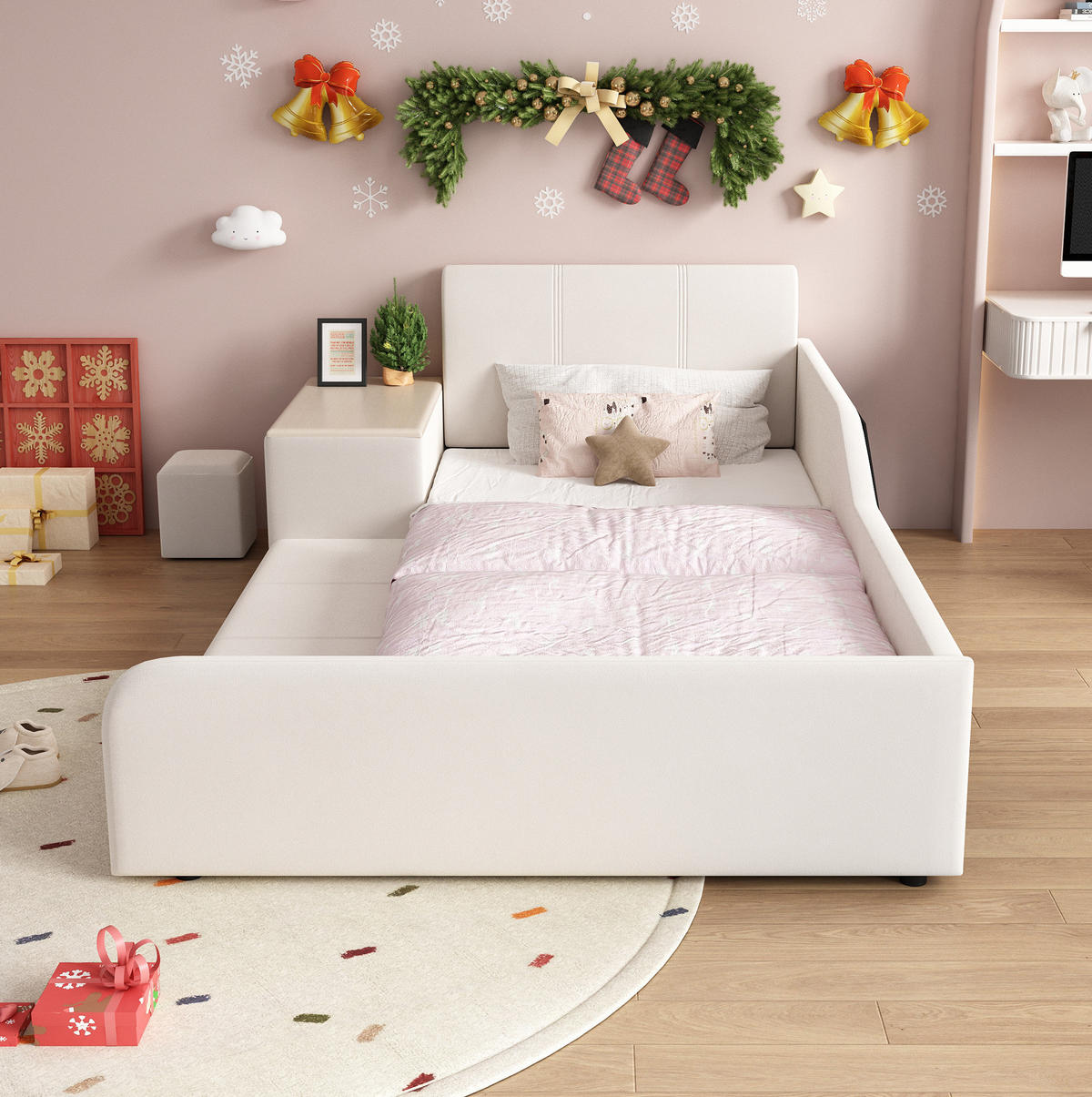 KINDERBETT 90/200 cm aus Samt mit Schreibtisch Hocker und Ablageboden Weiß - Weiß, Textil (90/200cm) - Modenvie