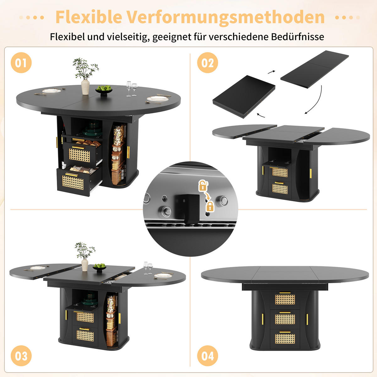 ESSTISCH Ausziehbar 118-158Cm Stauraum Rattan Schwarz - Schwarz, Holzwerkstoff (118/118/77.1cm) - FLIEKS