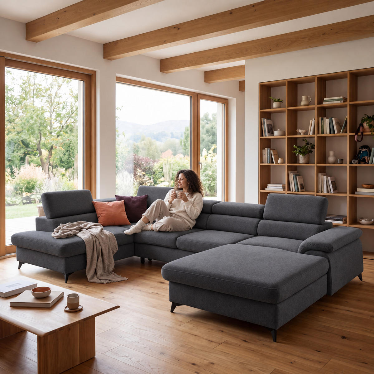 ECKSOFA U-Form PLAZA U Links mit Schlaffunktion 125x256 Velours Anthrazit - Anthrazit/Schwarz, Holz/Kunststoff (210/95/350cm) - Muffo