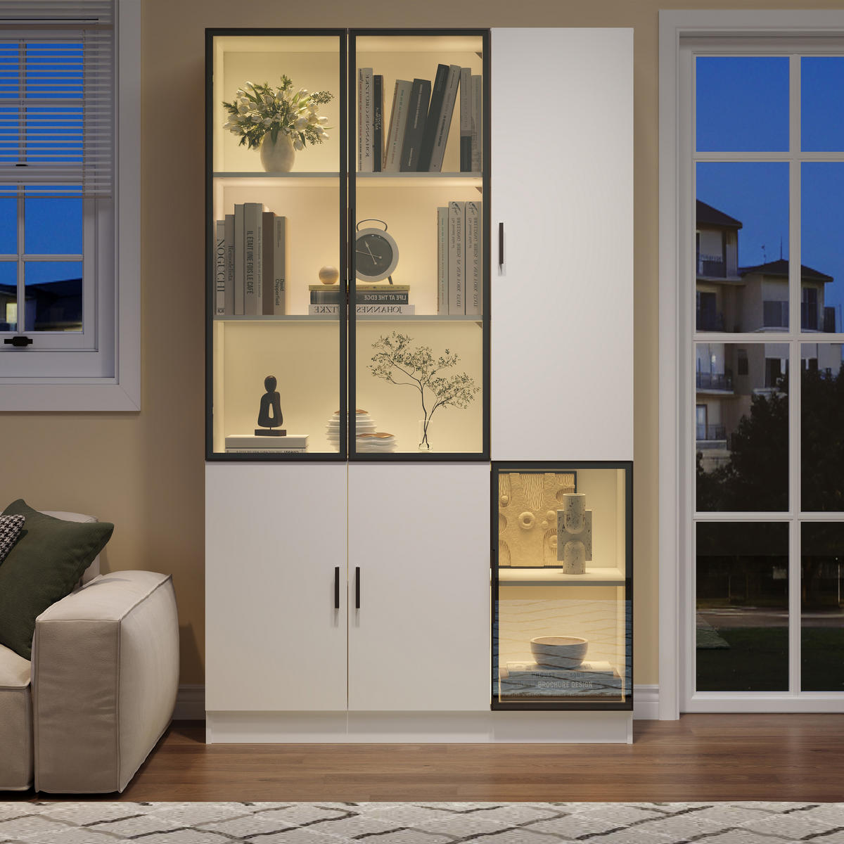 VITRINE 200 cm Weiß mit LED und Aluminiumrahmen - Weiß, Holzwerkstoff (120/200/35cm) - FLIEKS