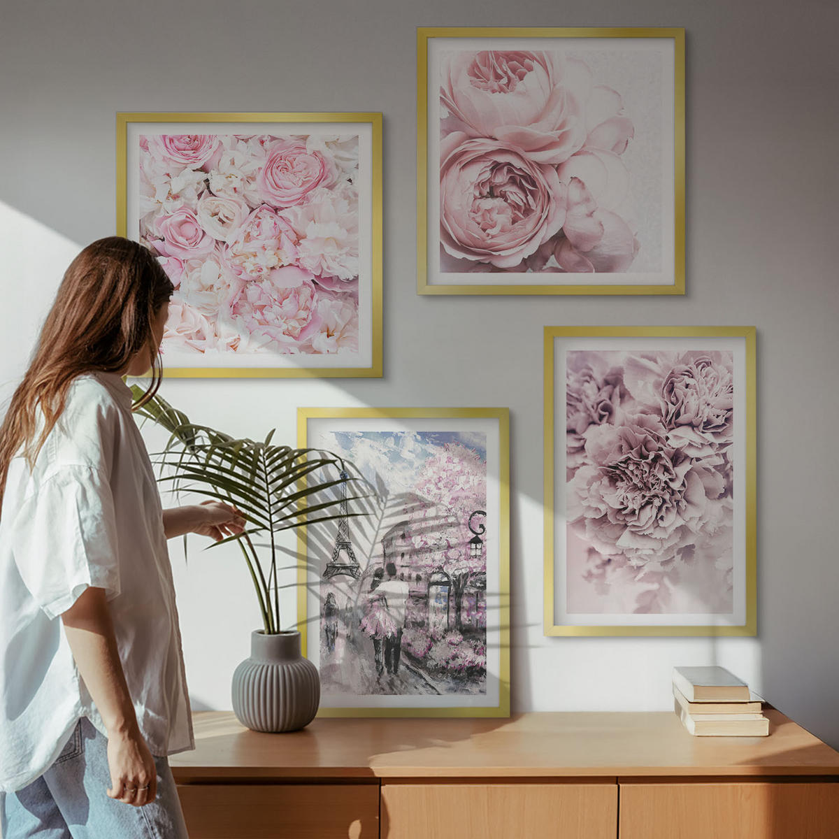 WANDBILDER 4er Set - 50x50 cm & 40x60 cm Goldrahmen - Rosa Blumen, romantische Landschaft - Goldfarben, Kunststoff (50/50cm) - ArtPrintCave