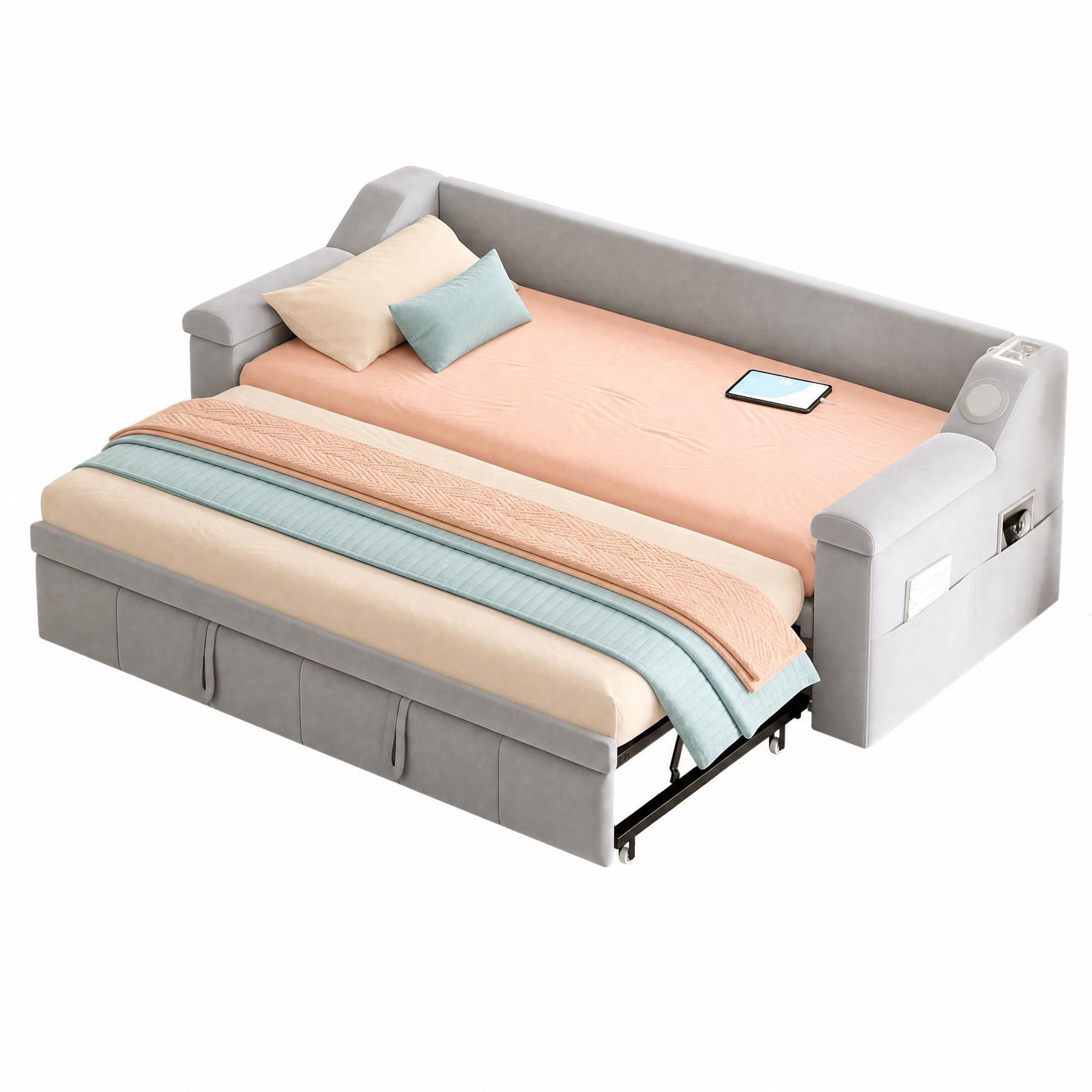 POLSTERBETT 90/190 mit Ausziehfunktion, Bluetooth, USB und Ablagefächern in Hellgrau - Hellgrau, Holzwerkstoff/Textil (90/190cm) - EVRYAE