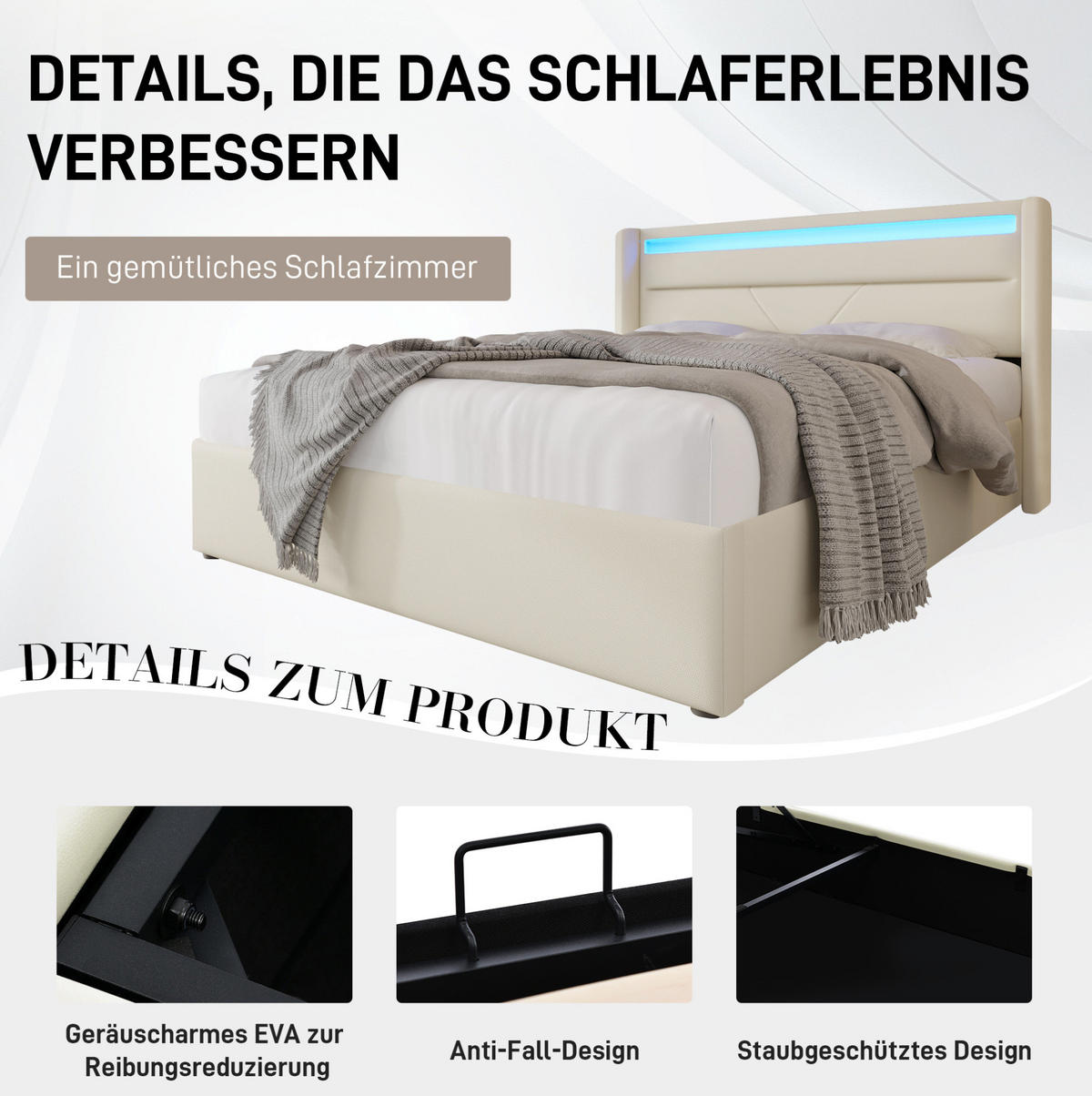 STAURAUMBETT 160/200 cm Weiß mit LED und Hydraulik - Weiß, Kunststoff (160/200cm) - MIVRAY