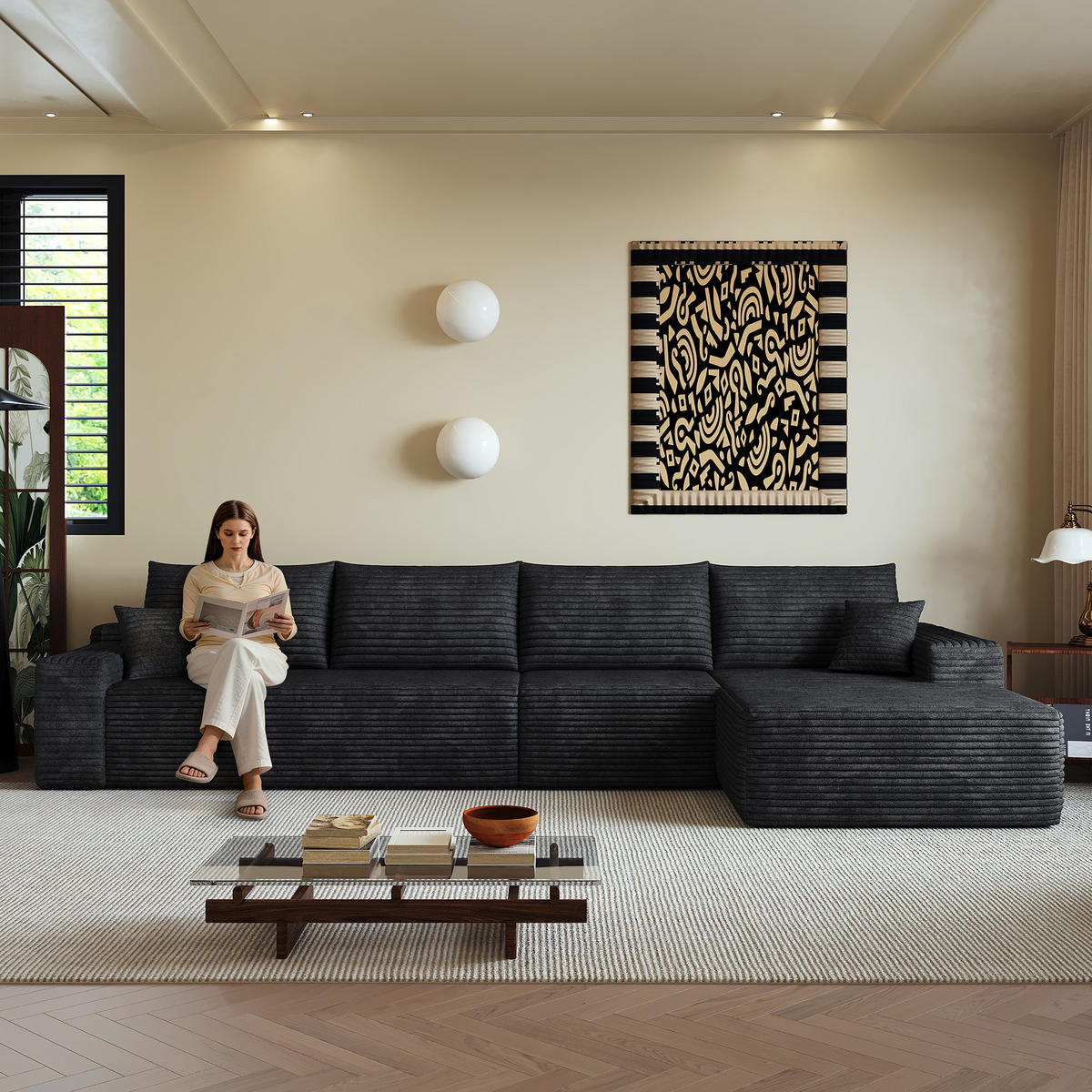 ECKSOFA 340/175/83 cm Schwarz mit L-förmiger Chaiselongue, Rechte Seite - Schwarz, Textil (340/175cm) - Oxeza