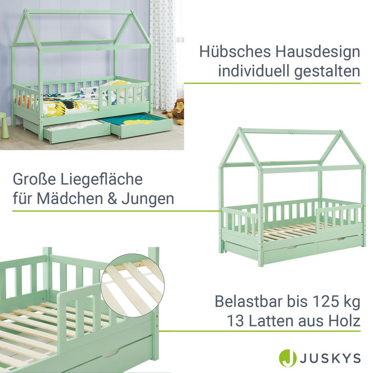 KINDERBETT Marli mit Matratze und Bettkasten mint 90x200 cm - Mintgrün, Holz (90/200cm) - Juskys