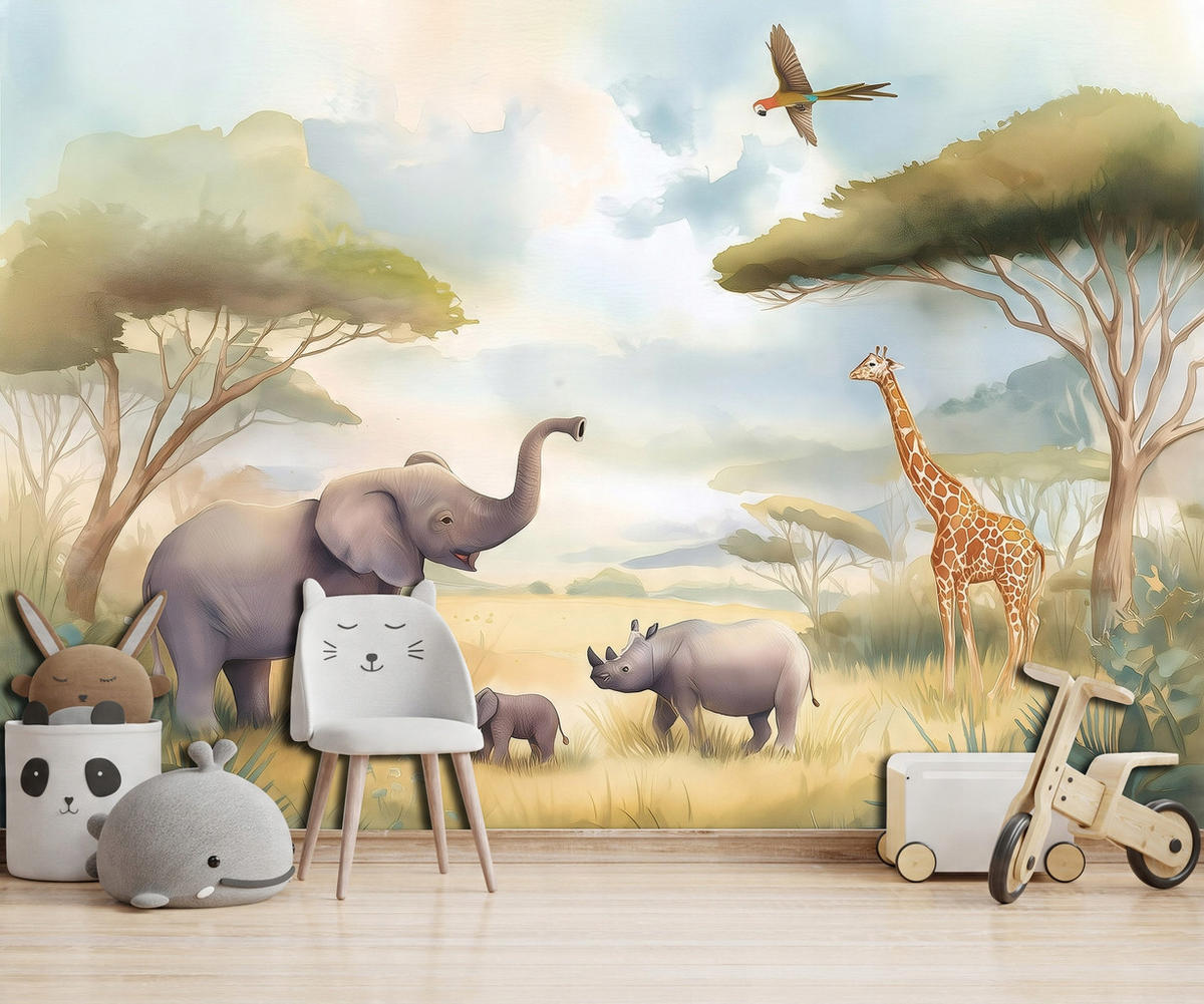 FOTOTAPETE Kinderzimmer Dschungel Safari Tiere 350x250 - Multicolor, Papier (350/250cm) - Wallarena