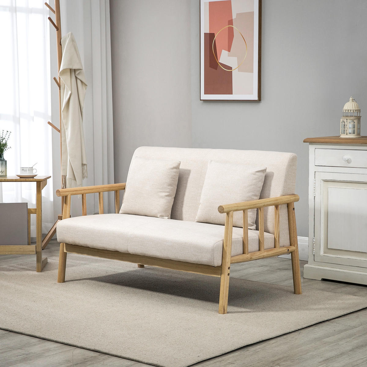 2 Sitzer Sofa, Couch mit 2 Lendenkissen, Leinenoptik für kleine Räume Beige - Beige, Holz/Kunststoff (69/74/123cm) - HOMCOM