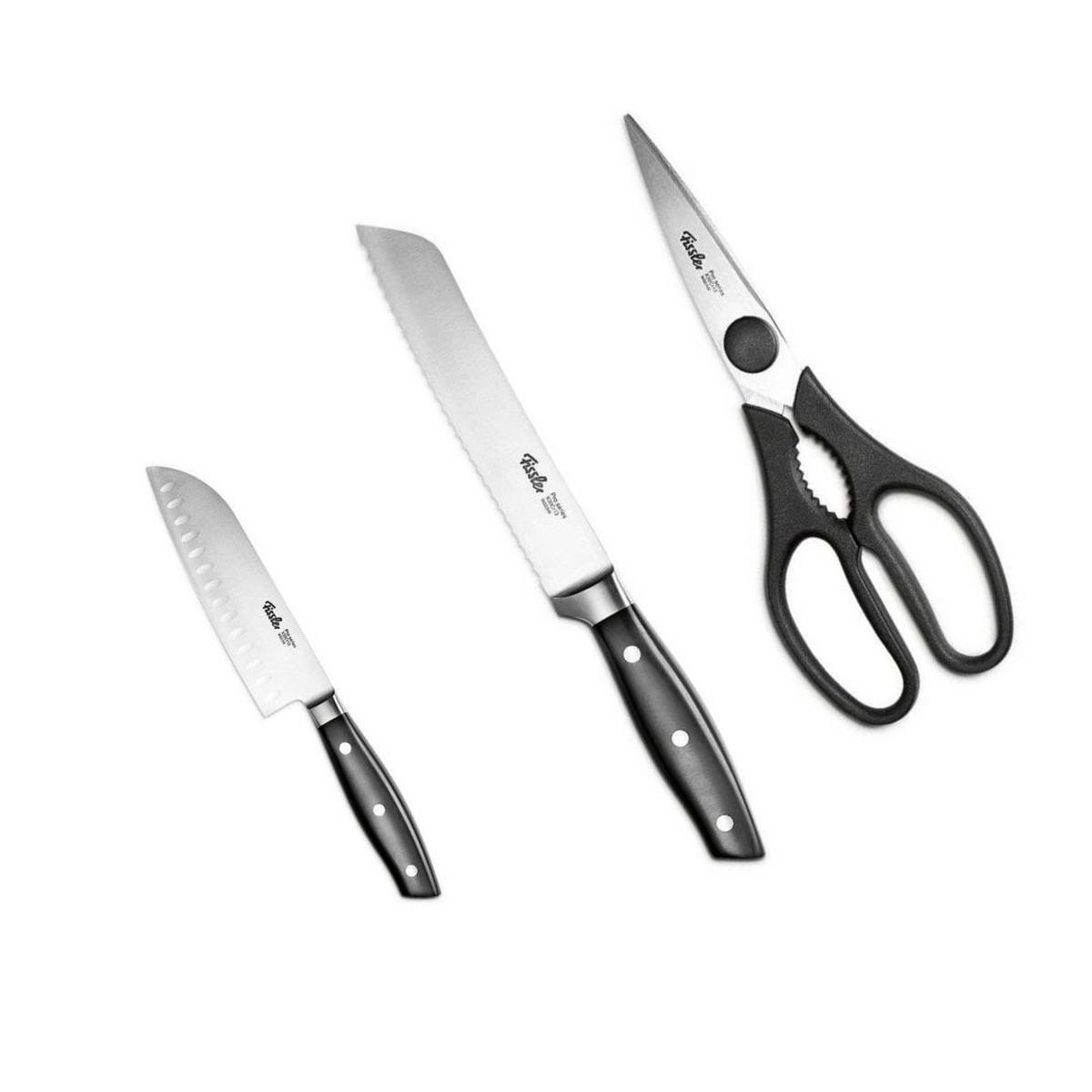 KÜCHENMESSER SET 3-tlg Schwarz Silber, Brotmesser 180 mm, Santokumesser 165 mm, Küchenschere, Edelstahl, Schneidemesser, Küchenzubehör, Profi Messer - Silberfarben/Schwarz, Kunststoff/Metall - Fissler