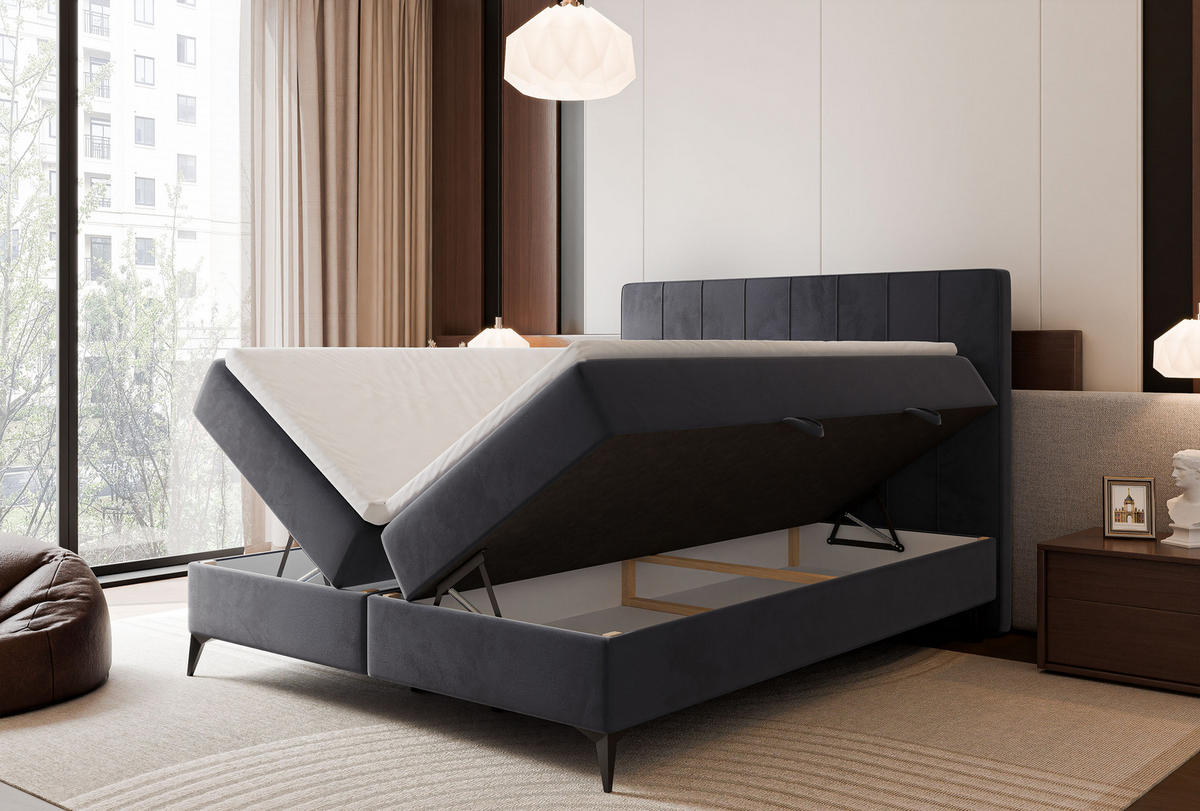 BOXBETT VERA 120x200 cm mit Matratze und Topper, Weicher wasserabweisender Samt Dunkelgrau - Dunkelgrau, Textil (120/200cm) - Idohome