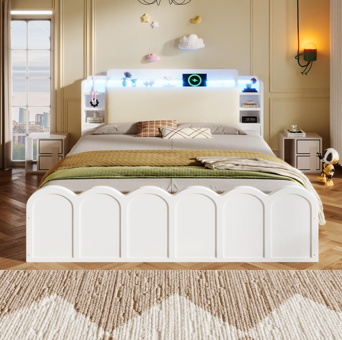 PANEELBETT aus Holzwerkstoff 140x200 cm Weiß mit LED-Beleuchtung, USB-/Typ-C-Anschluss und hydraulischem Stauraum - Weiß, Holzwerkstoff (140/200cm) - Modfu