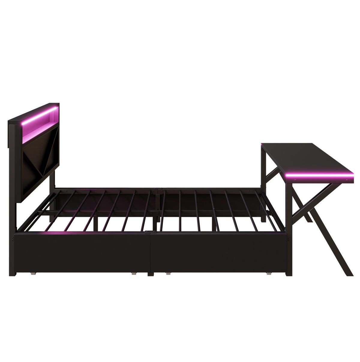 METALLBETT 140/200 cm mit LED-Kopfteil, LED-Schreibtisch und 2 Schubladen, MDF/Metall, Schwarz - Schwarz, Holzwerkstoff (140/200cm) - Redom