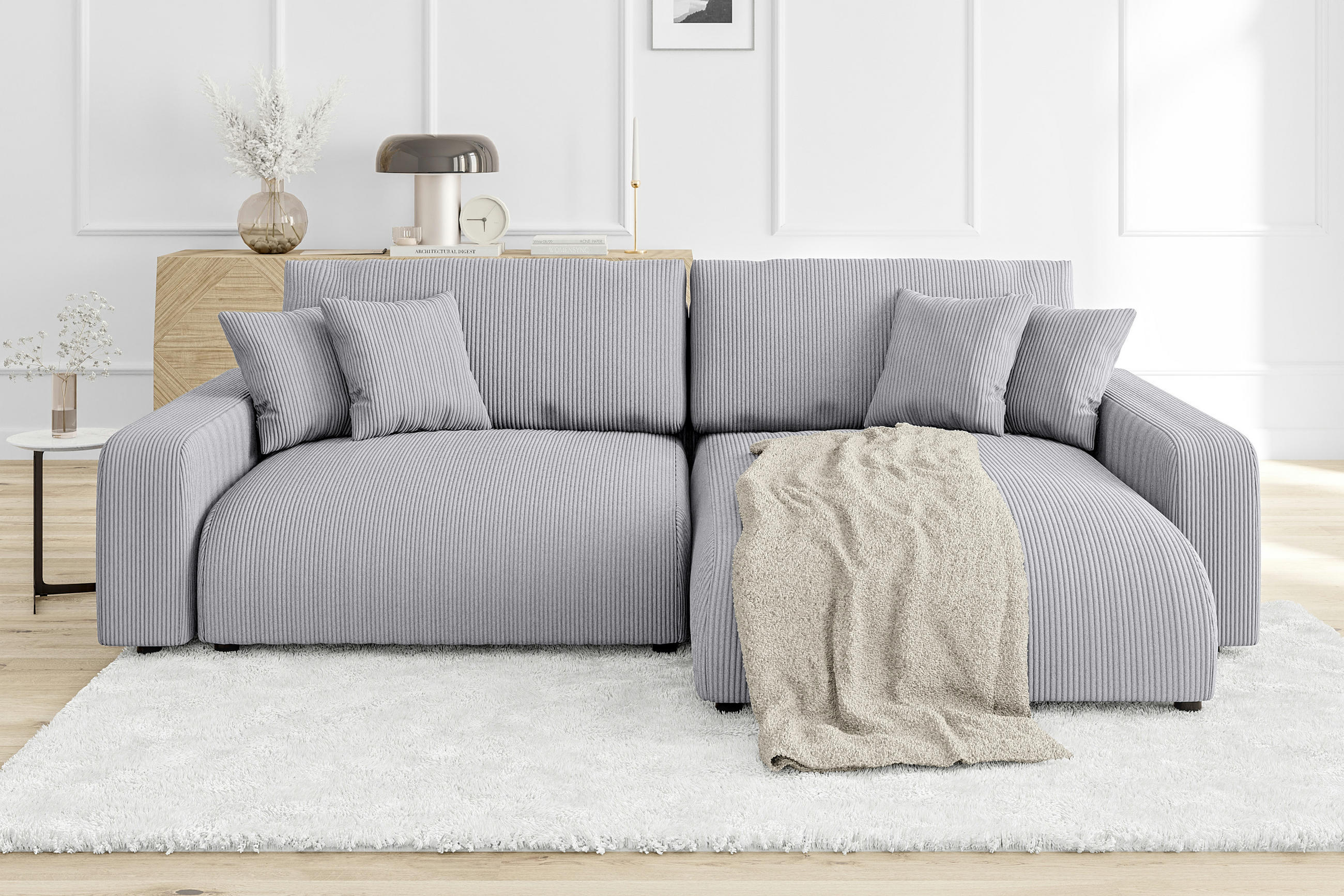 ECKSOFA Emma Hellgrau Cord - Ottomane rechts - Hellgrau, Textil (234/170cm) - S-Style Möbel
