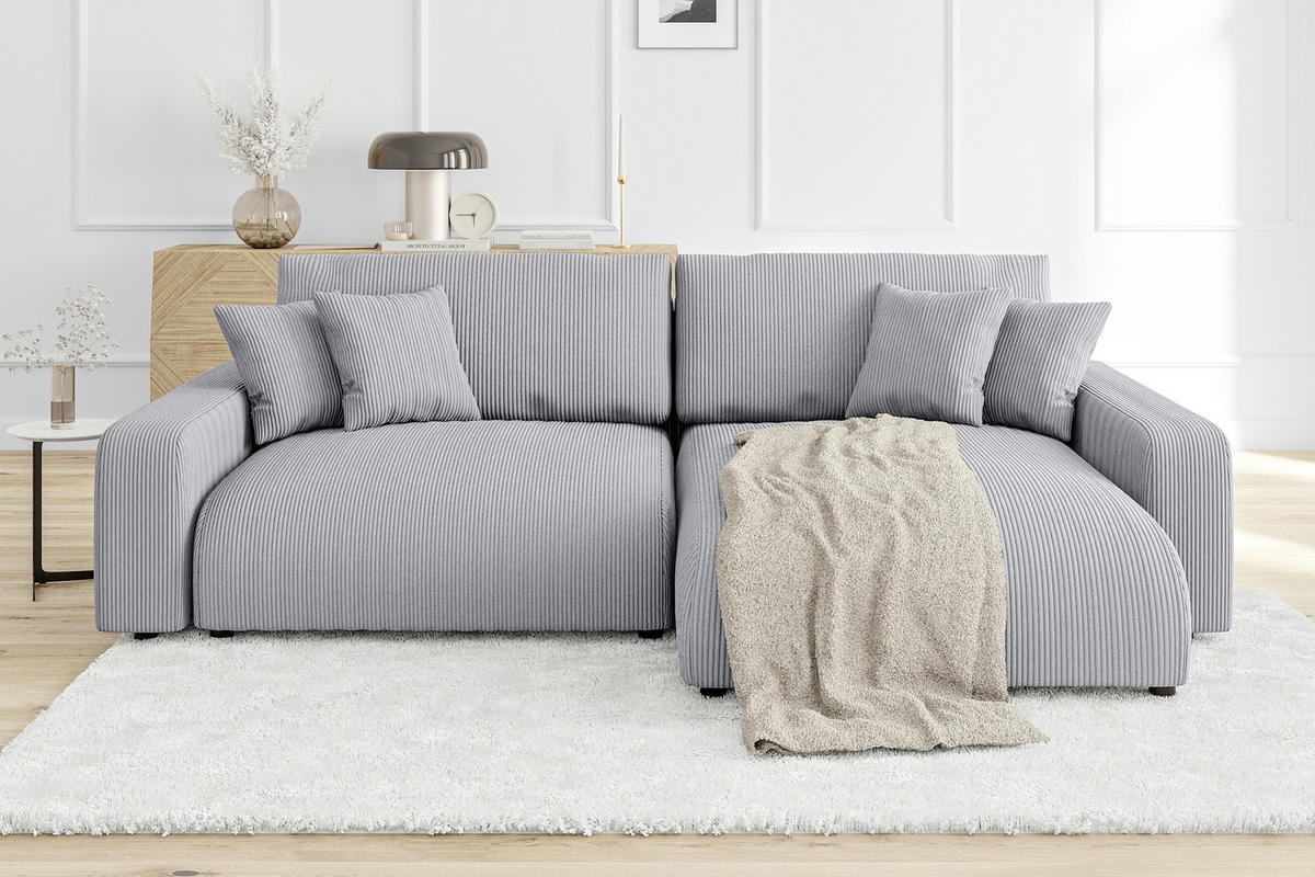 ECKSOFA Emma Hellgrau Cord - Ottomane rechts - Hellgrau, Textil (234/170cm) - S-Style Möbel