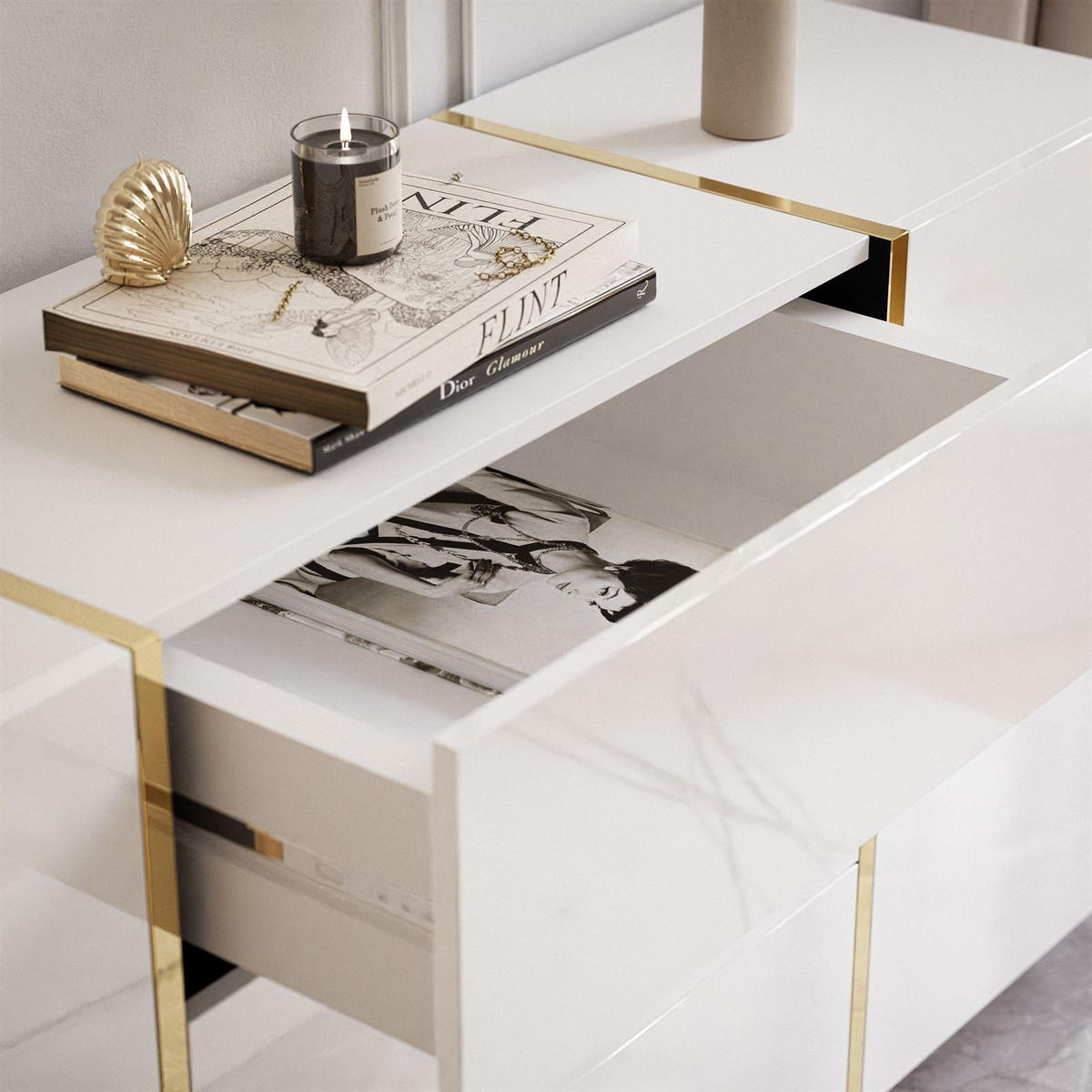 SIDEBOARD MIT SCHUBLADEN ONYX AUF GOLDENEN BEINEN HOCHGLANZ 158 CM PUSH OPEN - Weiß, Holzwerkstoff (158/88/41.3cm) - Lookway
